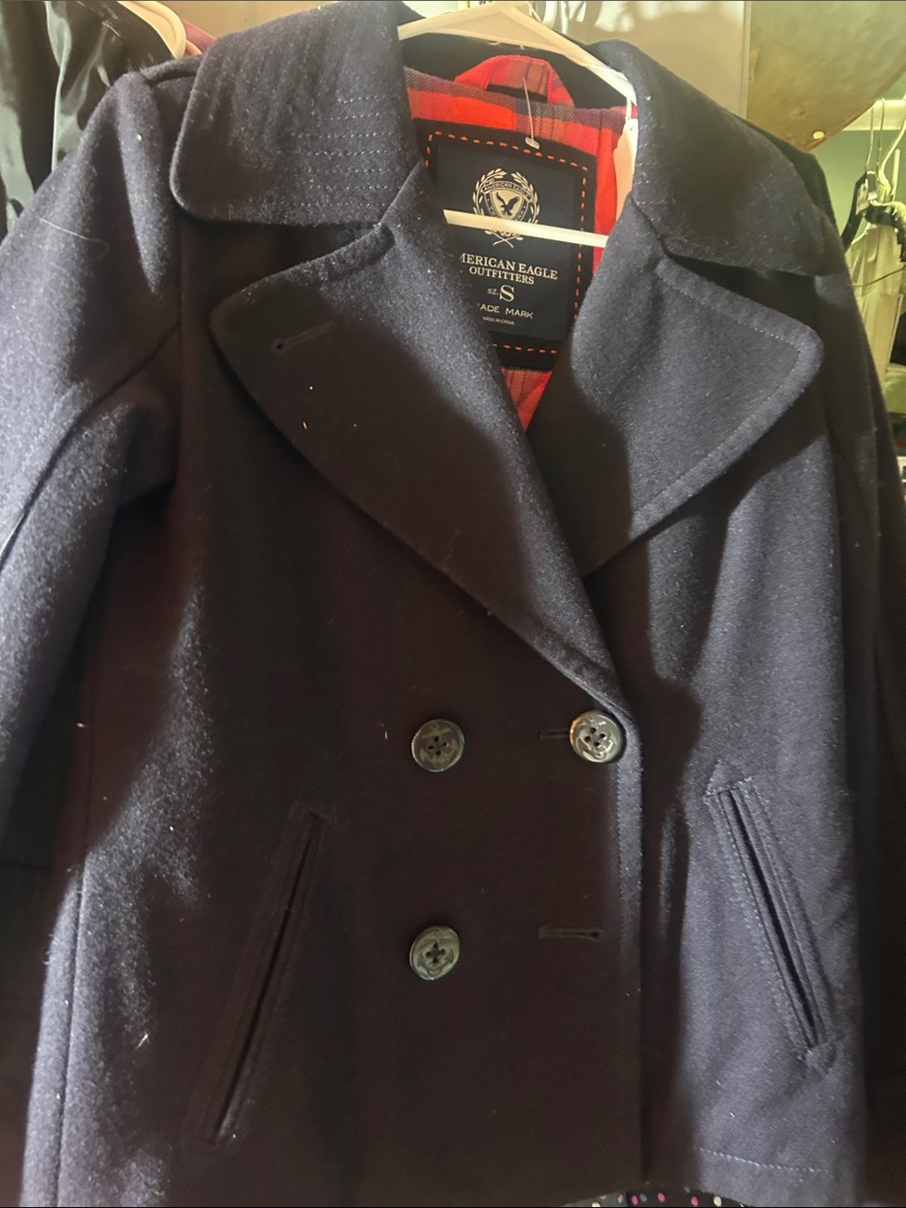 American Eagle Outfitters Men's Dark Navy Double-Breasted Peacoat